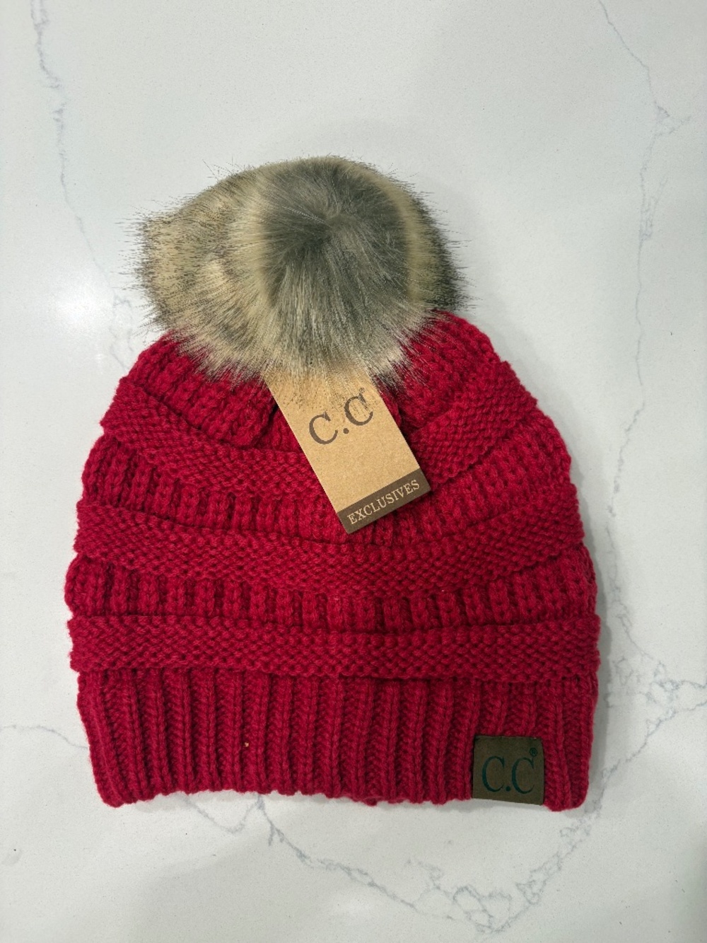 C.C Hot Pink Ribbed Hat With Faux Fur Pom